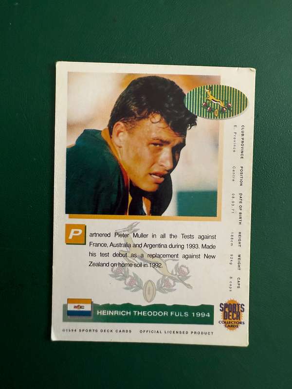 Rugby Card - Heinrich Fuls (Nr26/90) 1994 Sports Deck Rugby Card