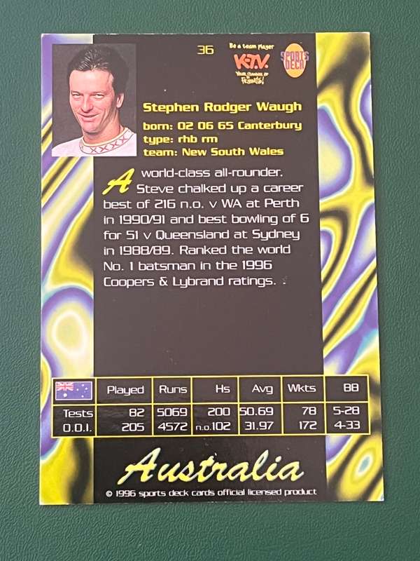 Cricket Card - *SIGNED* Steve Waugh 1996 Sports Deck Cricket Card