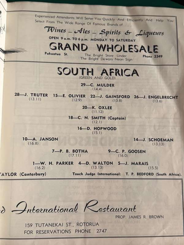 Rugby Programme - *TOUR* South-Africa vs Combined Bay of Plenty, Thames and Counties 14/09/1965