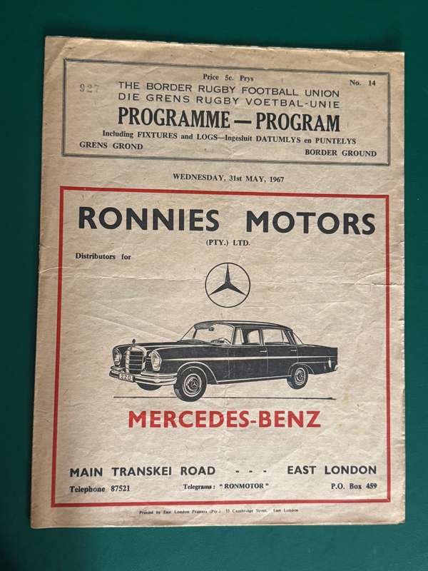 Rugby Programme - Border vs Northern-Transvaal (East-London) 31/05/1967