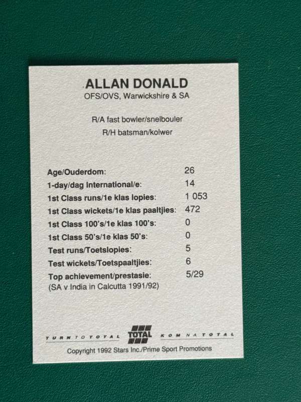 Cricket Card - Allan Donald 1992 Total Cricket Card