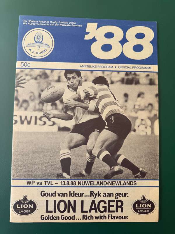 Rugby Programme - Western-Province vs Transvaal 13/08/1988