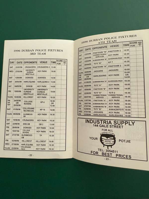 Rugby Itinerary - Durban Police Rugby Club 1996