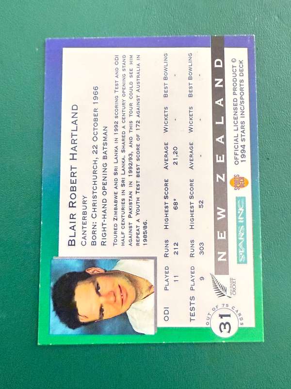 Cricket Card - *SIGNED* Blair Hartland 1994 Nelson Mandela Trophy Sports Deck Cricket Card