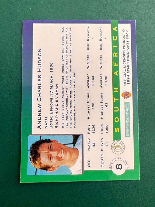 Cricket Card - *SIGNED* Andrew Hudson 1994 Nelson Mandela Trophy Sports Deck Cricket Card