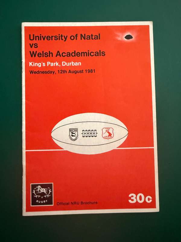 Rugby Programme - University of Natal vs Welsh Academicals 12/08/1981