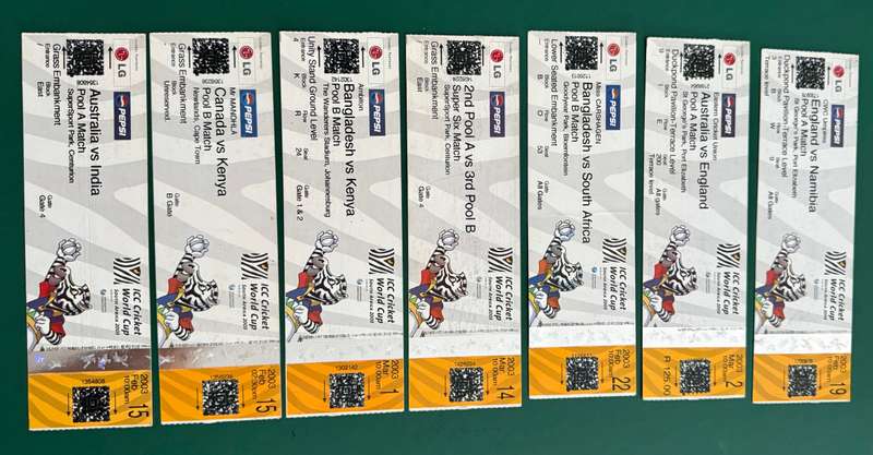 Cricket Tickets - 7 * ICC Cricket World Cup 2003 Tickets