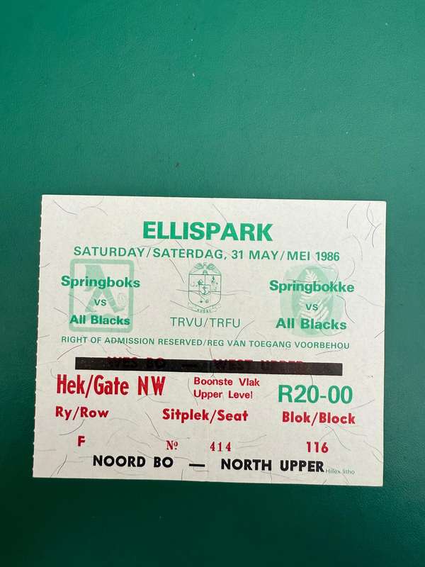 Rugby Ticket - South-Africa vs New-Zealand (All Blacks) 31/05/1986