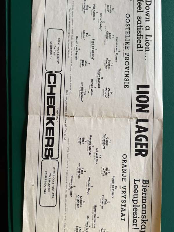Rugby Programme - Eastern-Province vs Orange Free State 5 June 1976