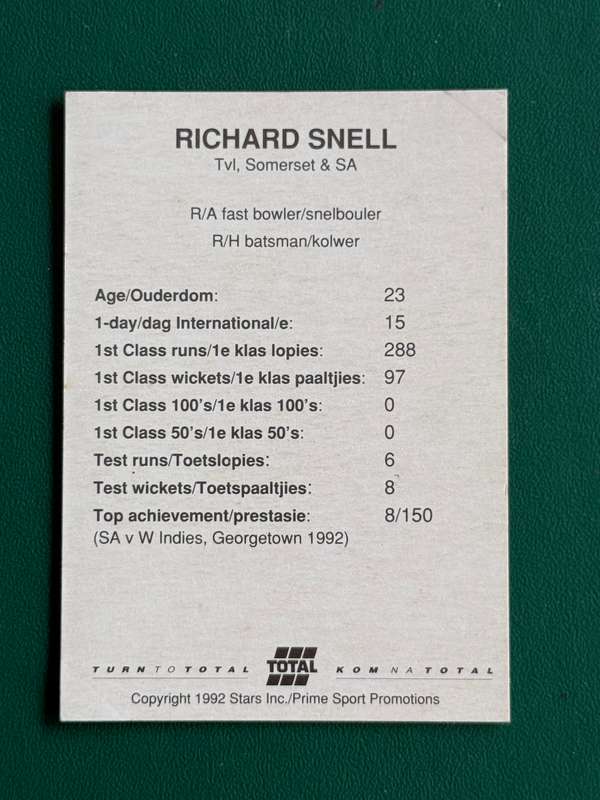Cricket Card - Richard Snell 1992 Total Cricket Card