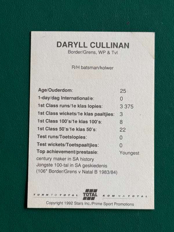 Cricket Card - Daryll Cullinan 1992 Total Cricket Card