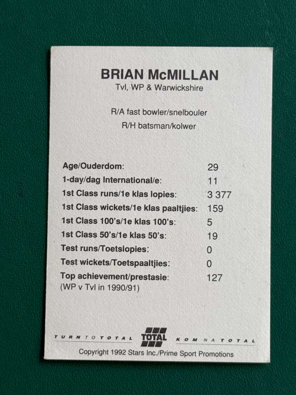 Cricket Card - Brian McMillan 1992 Total Cricket Card