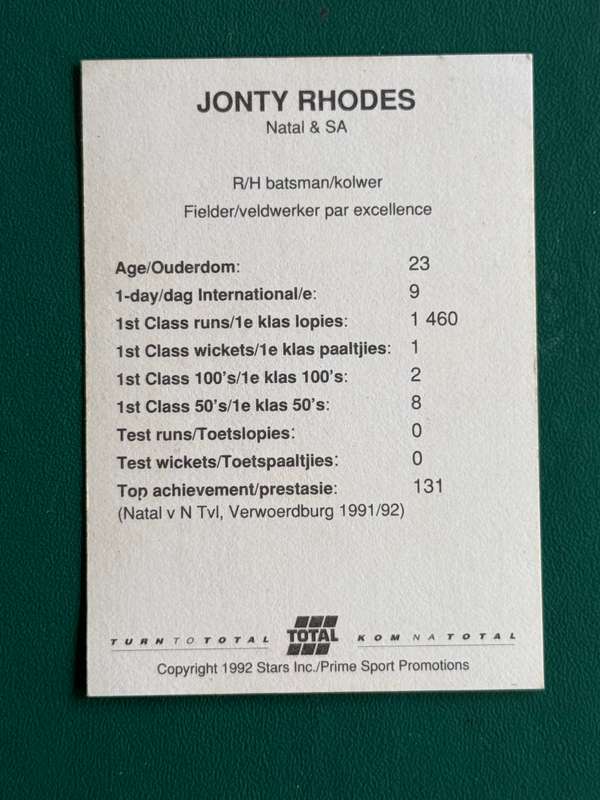 Cricket Card - Jonty Rhodes 1992 Total Cricket Card