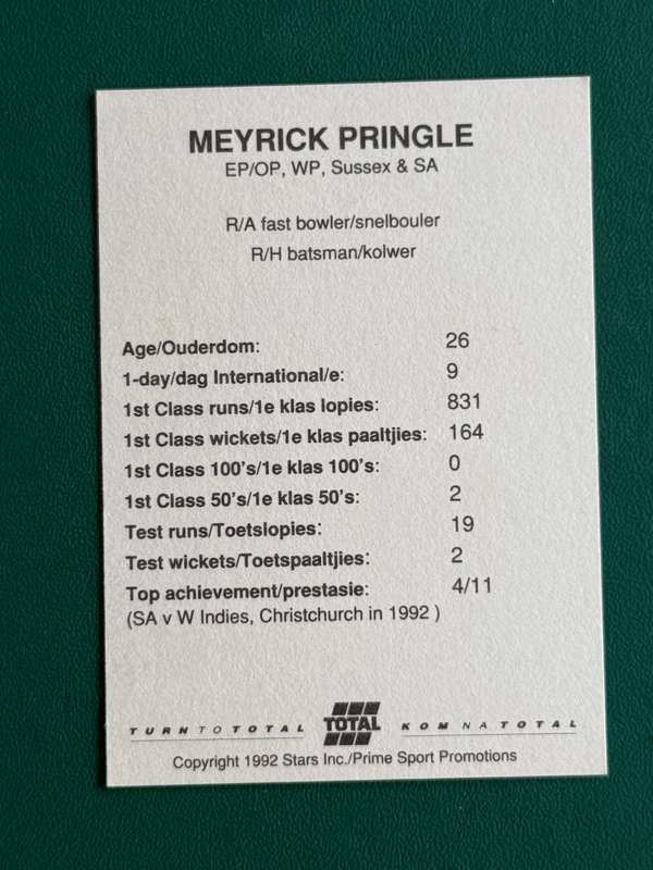 Cricket Card - Meyrick Pringle 1992 Total Cricket Card