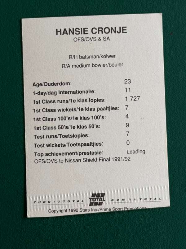 Cricket Card - Hansie Cronje 1992 Total Cricket Card