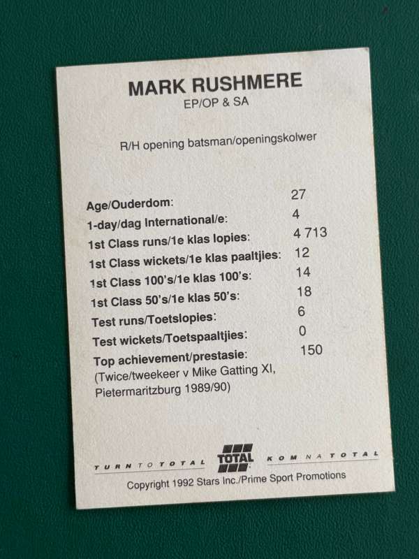 Cricket Card - Mark Rushmere 1992 Total Cricket Card