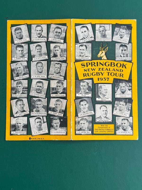 Rugby Itinerary - The 1937 Springbok Rugby Tour of NZ issued by United Tabacco