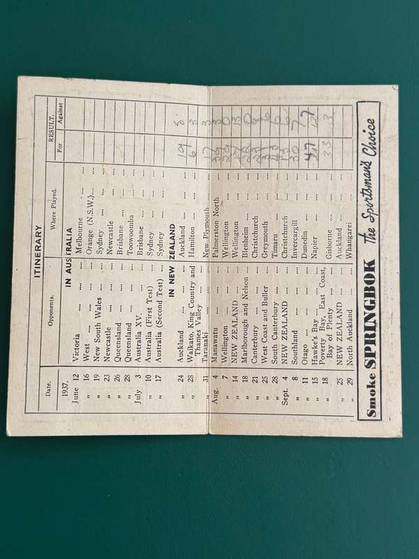 Rugby Itinerary - The 1937 Springbok Rugby Tour of NZ issued by United Tabacco