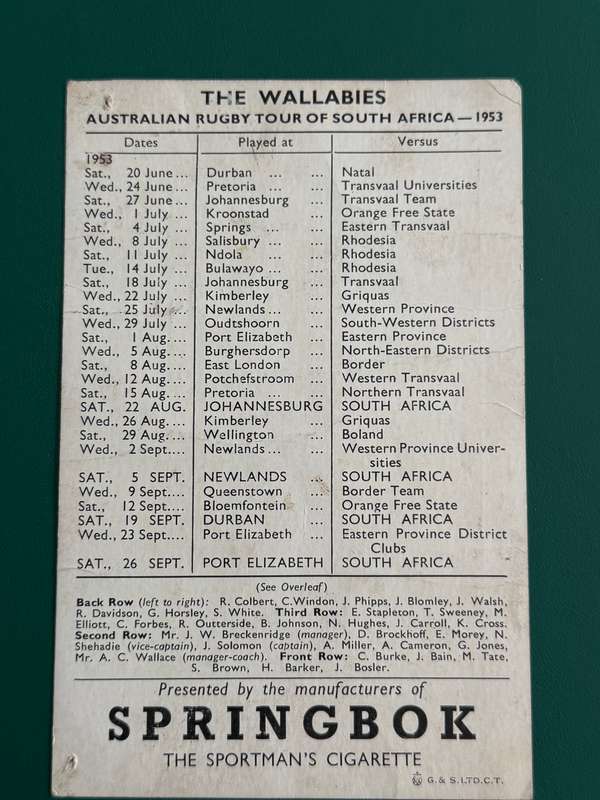 Rugby Itinerary - The 1953 Wallabies issued by Springbok Cigarettes