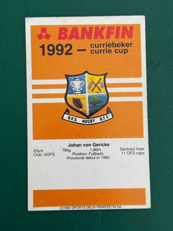 Rugby Card - Eben von Gericke 1992 Sports Deck Rugby Card Nr111