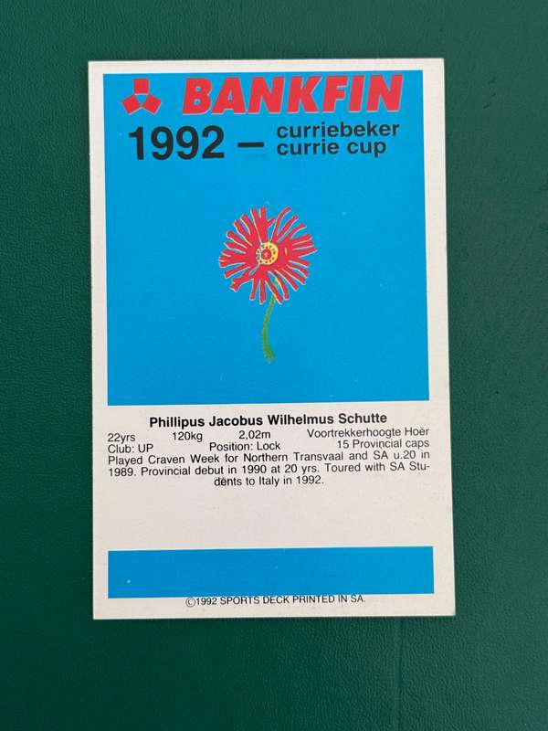 Rugby Card - Philip Schutte 1992 Sports Deck Rugby Card Nr101