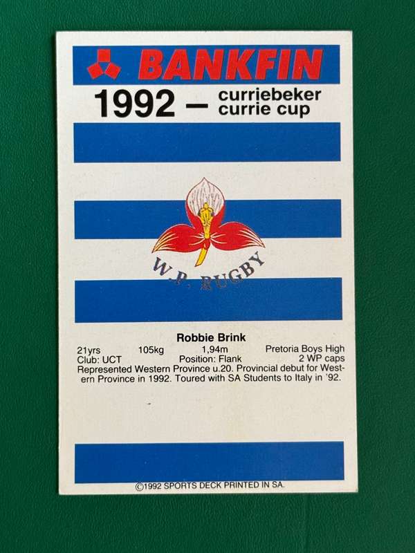 Rugby Card - Robbie Brink 1992 Sports Deck Rugby Card (Nr126)