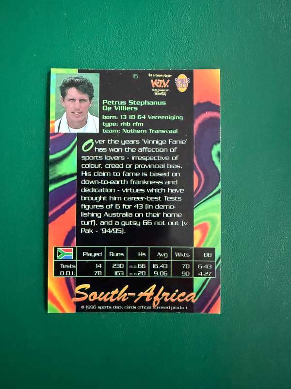 Cricket Card - Fanie de Villiers 1996 Sports Deck Cricket Card