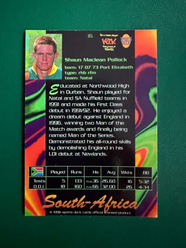 Cricket Card - Shaun Pollock 1996 Sports Deck Cricket Card