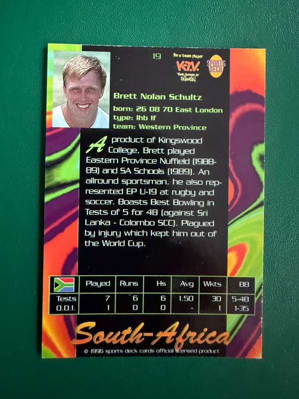 Cricket Card - Brett Schultz 1996 Sports Deck Cricket Card