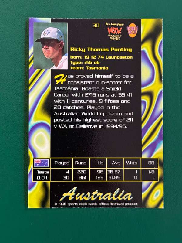 Cricket Card - Ricky Ponting 1996 Sports Deck Cricket Card
