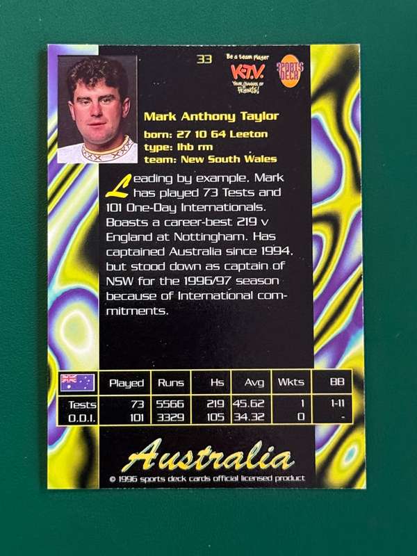 Cricket Card - Mark Taylor 1996 Sports Deck Cricket Card