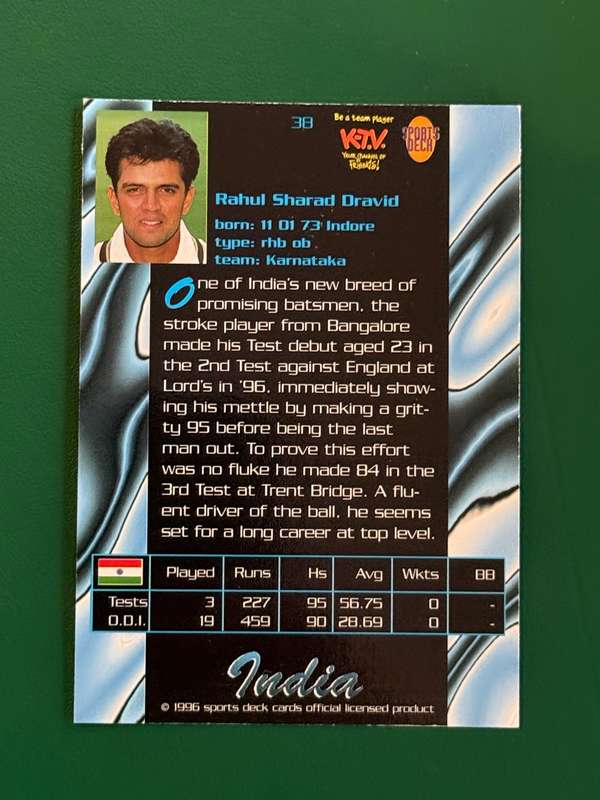 Cricket Card - Rahul Dravid 1996 Sports Deck Cricket Card