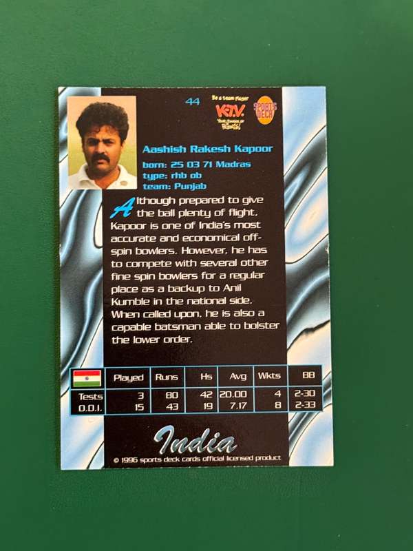 Cricket Card - Aasish Kapoor 1996 Sports Deck Cricket Card