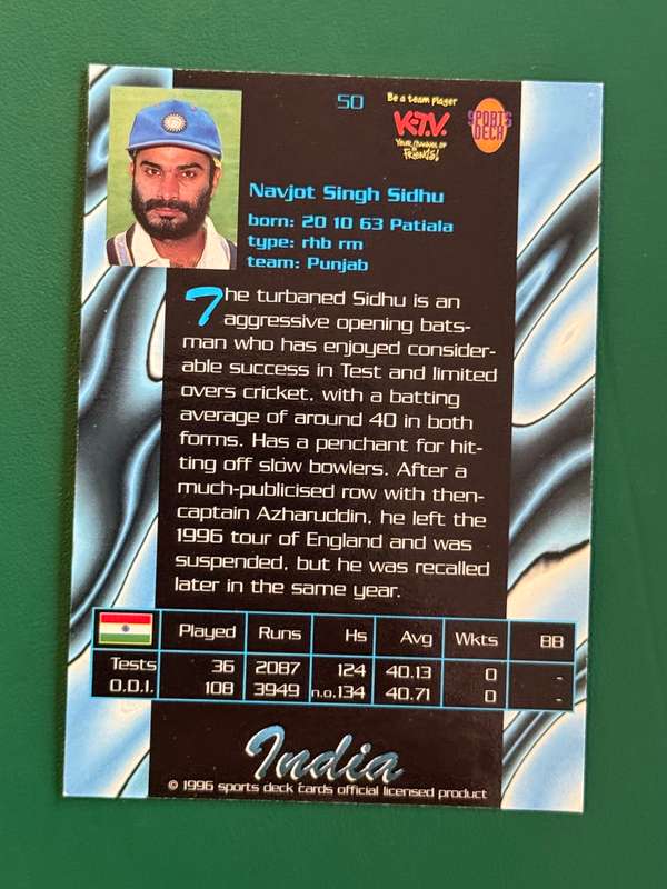 Cricket Card - Navjot Sidhu 1996 Sports Deck Cricket Card