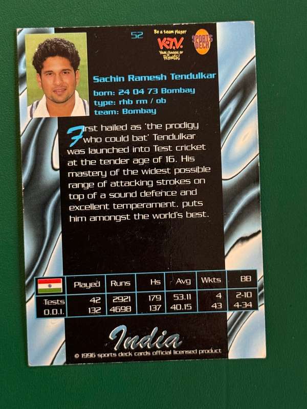Cricket Card - Sachin Tendulkar 1996 Sports Deck Cricket Card