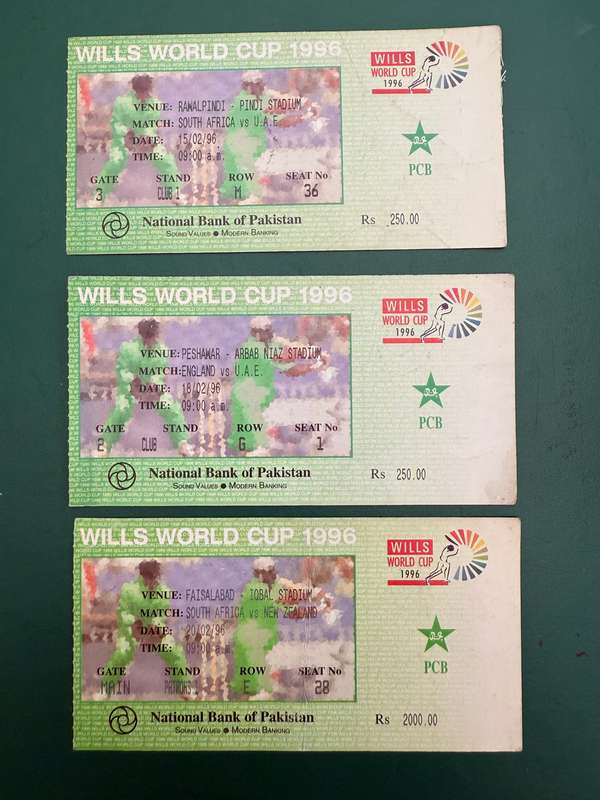 Cricket Tickets - 3 * 1996 Cricket World Cup Match Tickets