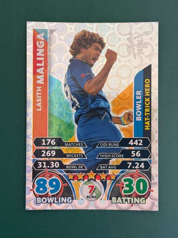 Cricket Card - Lasith Malinga (Hat trick hero) Silver Foil 2015 Cricket World Cup Cricket Attax