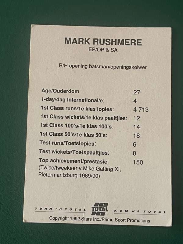 Cricket Card - Mark Rushmere 1992 Total Cricket Card