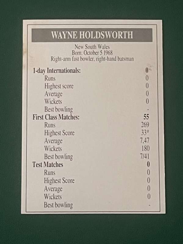 Cricket Card - Wayne Holdsworth 1993 Topsport Cricket Card