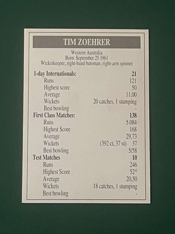 Cricket Card - Tim Zoehrer 1993 Topsport Cricket Card