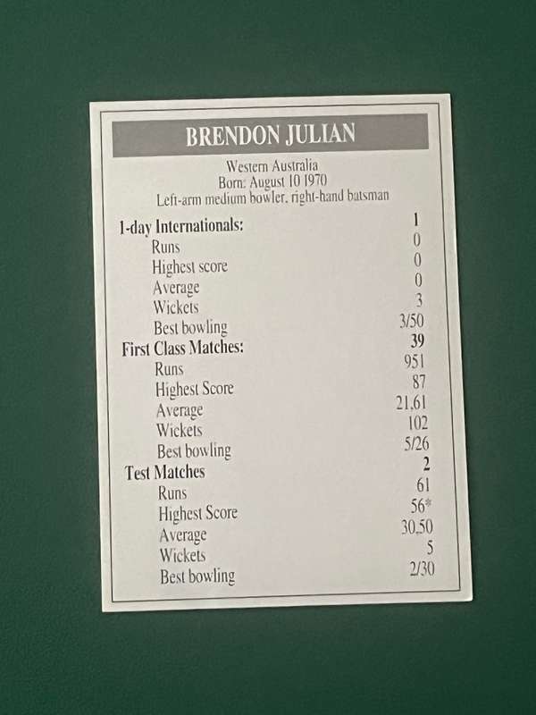 Cricket Card - Brendon Julian 1993 Topsport Cricket Card