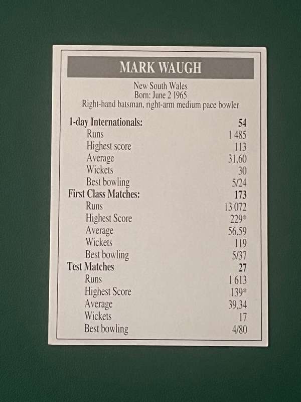 Cricket Card - Mark Waugh 1993 Topsport Cricket Card