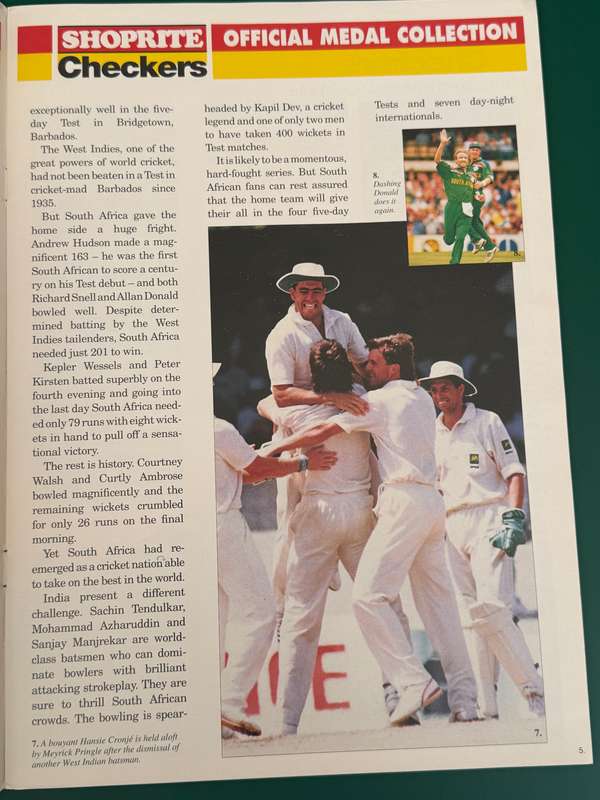 Cricket - Complete Checkers South-Africa vs India in SA 1992 Medal Collection