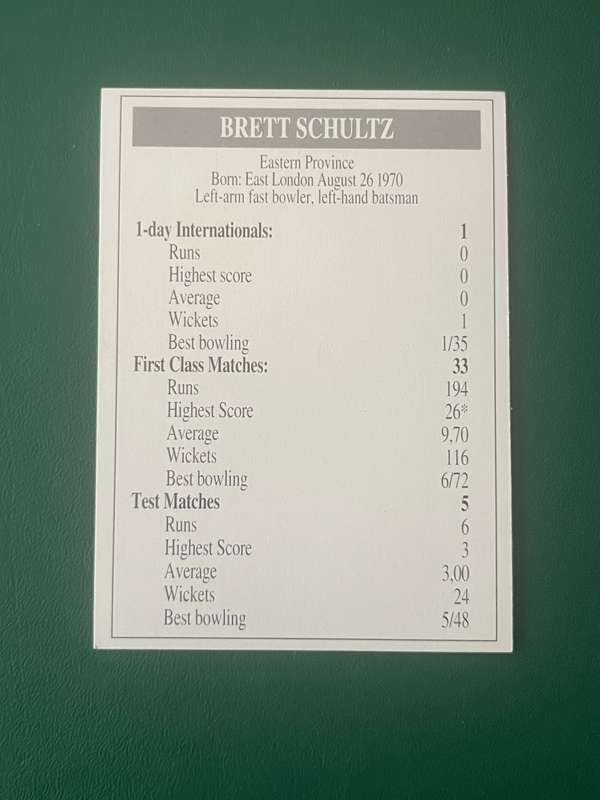 Cricket Card - Brett Schultz 1993 Topsport Cricket Card