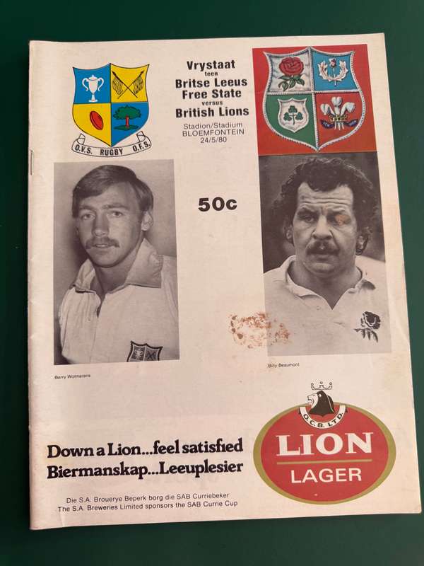 Rugby Programme - Free State vs British Lions 24/05/1980