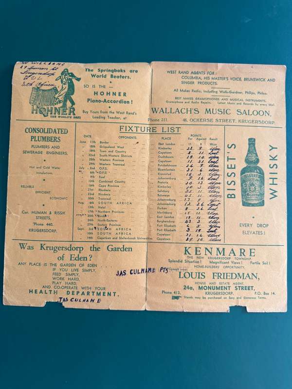 Rugby Itinerary - 1938 British Lions Tour issued by Jas Culhane Sports Outfitters (Krugersdorp)