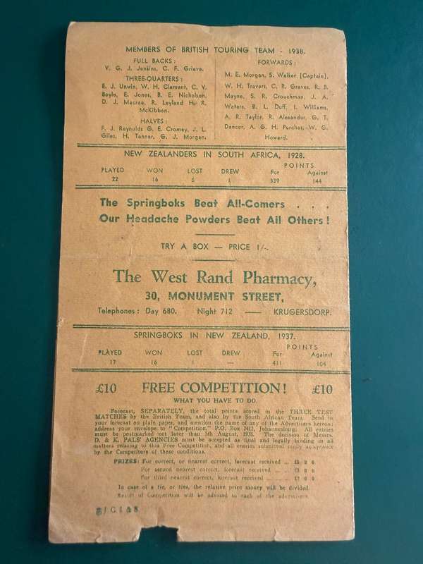 Rugby Itinerary - 1938 British Lions Tour issued by Jas Culhane Sports Outfitters (Krugersdorp)