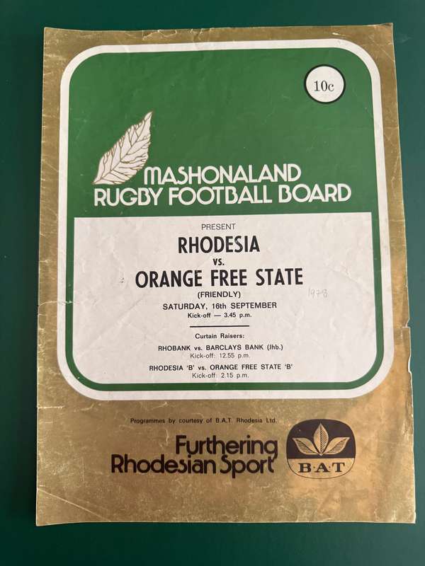Rugby Programme - Rhodesia vs Free State 16/09/1978
