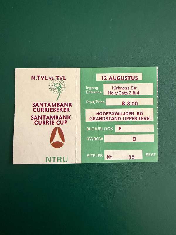 Rugby Ticket - Northern-Transvaal vs Transvaal 12/08/1989