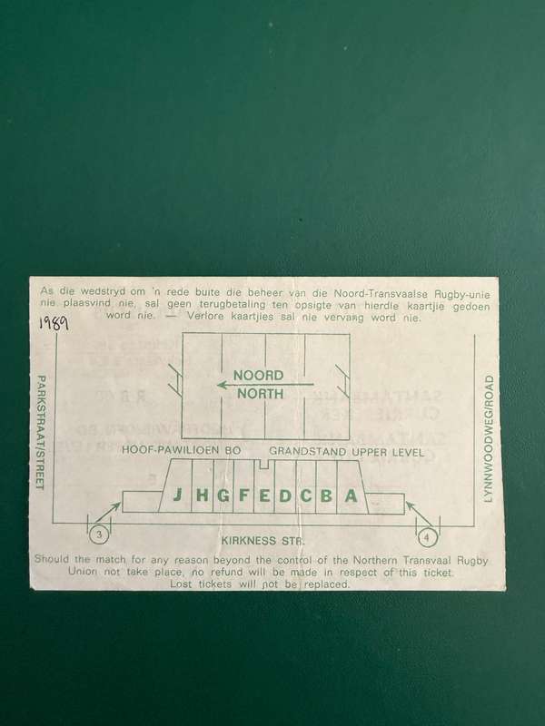 Rugby Ticket - Northern-Transvaal vs Transvaal 12/08/1989